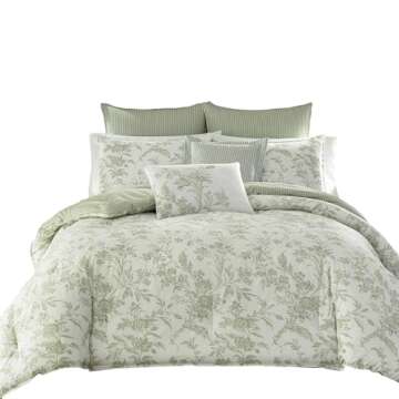 Laura Ashley Home - King Duvet Cover Set, Reversible Cotton Bedding, Includes Matching Shams with Bonus Euro Shams & Throw Pillows (Natalie Green, King)