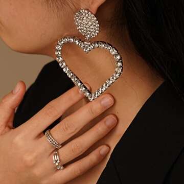 YERTTER Elegant Oversized Love Earrings Big Heart Hoop Dangle Drop Full Rhinestone Crystal Earrings ...