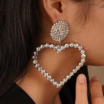 YERTTER Elegant Oversized Love Earrings Big Heart Hoop Dangle Drop Full Rhinestone Crystal Earrings Iced Out Women Fashion Long Tassel Sparke Shining Earrings Statement Hoop Ear Accessories for