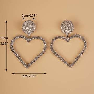 YERTTER Elegant Oversized Love Earrings Big Heart Hoop Dangle Drop Full Rhinestone Crystal Earrings Iced Out Women Fashion Long Tassel Sparke Shining Earrings Statement Hoop Ear Accessories for