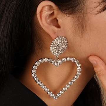 YERTTER Elegant Oversized Love Earrings Big Heart Hoop Dangle Drop Full Rhinestone Crystal Earrings Iced Out Women Fashion Long Tassel Sparke Shining Earrings Statement Hoop Ear Accessories for