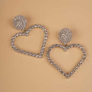 YERTTER Elegant Oversized Love Earrings Big Heart Hoop Dangle Drop Full Rhinestone Crystal Earrings Iced Out Women Fashion Long Tassel Sparke Shining Earrings Statement Hoop Ear Accessories for