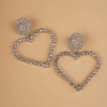 YERTTER Elegant Oversized Love Earrings Big Heart Hoop Dangle Drop Full Rhinestone Crystal Earrings Iced Out Women Fashion Long Tassel Sparke Shining Earrings Statement Hoop Ear Accessories for