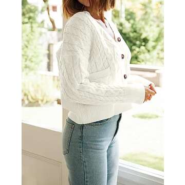 MEROKEETY Women's Long Sleeve Open Front Cable Knit Crop Cardigans V Neck Button Sweaters with Pockets, Beige, M
