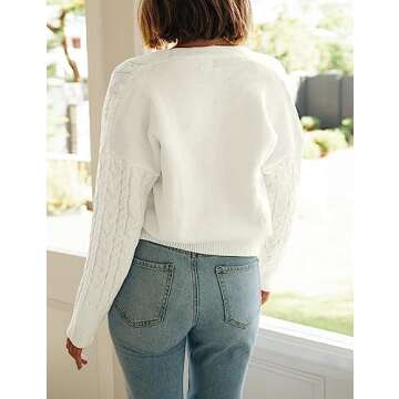 MEROKEETY Women's Long Sleeve Open Front Cable Knit Crop Cardigans V Neck Button Sweaters with Pockets, Beige, M