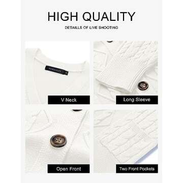 MEROKEETY Women's Long Sleeve Open Front Cable Knit Crop Cardigans V Neck Button Sweaters with Pockets, Beige, M
