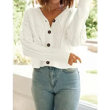 MEROKEETY Women's Long Sleeve Open Front Cable Knit Crop Cardigans V Neck Button Sweaters with Pockets, Beige, M