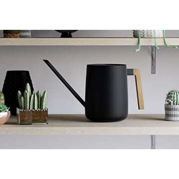 35oz Metal Small Watering Can for Indoor Plants with Long Spout and Real Wood Handle - Black - Cute Small Indoor Watering Cans for House Plants, Succulents, Cacti - Modern Minimalist Design - Mini