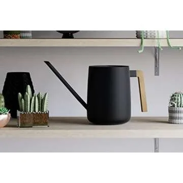 35oz Metal Small Watering Can for Indoor Plants with Long Spout and Real Wood Handle - Black - Cute Small Indoor Watering Cans for House Plants, Succulents, Cacti - Modern Minimalist Design - Mini