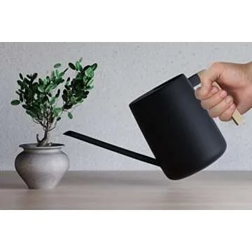 35oz Metal Small Watering Can for Indoor Plants with Long Spout and Real Wood Handle - Black - Cute Small Indoor Watering Cans for House Plants, Succulents, Cacti - Modern Minimalist Design - Mini