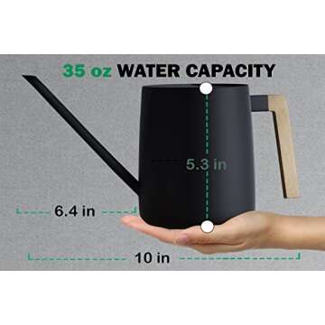 35oz Metal Small Watering Can for Indoor Plants with Long Spout and Real Wood Handle - Black - Cute Small Indoor Watering Cans for House Plants, Succulents, Cacti - Modern Minimalist Design - Mini