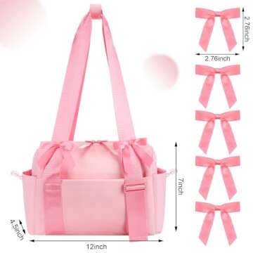 Bulyoou Pink Bows Mini Gym Bag for Women Coquette Small Gym Tote Mini Duffle Bag with 5 Pcs Bows for...