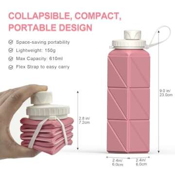 BEAUTAIL Collapsible Water Bottles, Silicone Foldable Portable Water Bottle 610ml, Lightweight Reusable Leakproof for Travel Camping Hiking Cycling Yoga Sports Outdoor, 1 Pack (Pink)