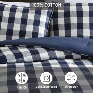 Eddie Bauer - Queen Comforter Set, Reversible Cotton Bedding with Matching Shams, Stylish Plaid Home Decor (Lakehouse Blue, Queen)