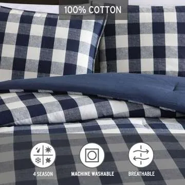 Eddie Bauer - Queen Comforter Set, Reversible Cotton Bedding with Matching Shams, Stylish Plaid Home Decor (Lakehouse Blue, Queen)
