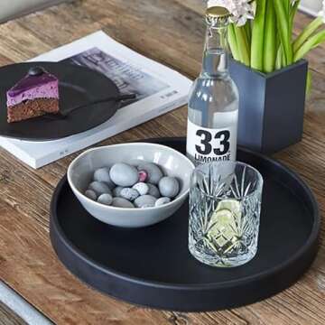 FRTIM Black Decorative Serving Round Tray, Black Metal Decor Tray for Home Decor Coffee Dining Table Centerpiece Farmhouse Kitchen Countertop（11.4 Inches