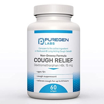 P Puregen Labs Cough Relief for Adults Dextromethorphan HBr 15mg (60 Softgels) 8-Hour, Non-Drowsy, L...