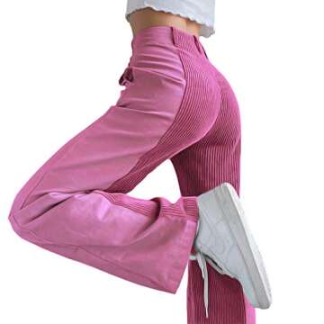Honganda Fashion Women's Straight Leg Pants Corduroy Mid Waist Patchwork Corduroy Pants Casual Trousers with Pockets (Pink, Large)