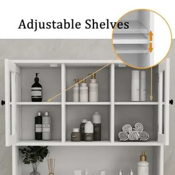 OQSC Tall Tilt-Out Double Doors Laundry Cabinet Hamper, Large Pull Out Laundry Room Storage Cabinets, Bathroom Cabinet with Hidden Laundry Hamper & Glass Doors, White,13 * 2 Gallons