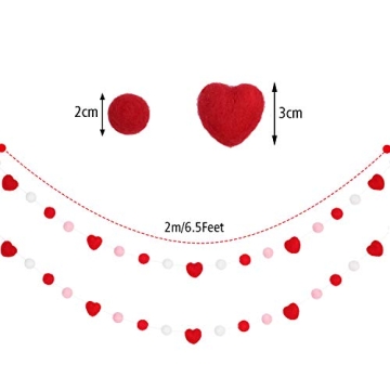 2 Pieces Valentine's Day Felt Garlands Colorful Ball and Heart Hanging Garland Felt Pom Pom Ball Heart Banners for Party Home Decoration (Classic Colors Set)