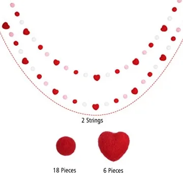 2 Pieces Valentine's Day Felt Garlands Colorful Ball and Heart Hanging Garland Felt Pom Pom Ball Heart Banners for Party Home Decoration (Classic Colors Set)
