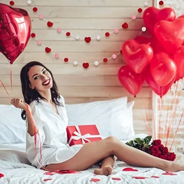 2 Pieces Valentine's Day Felt Garlands Colorful Ball and Heart Hanging Garland Felt Pom Pom Ball Heart Banners for Party Home Decoration (Classic Colors Set)