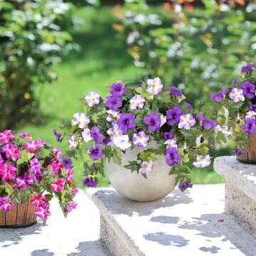 Artificial Fake Flowers Plants for Outdoor Decoration, 2PCS Spring Faux Petunias Silk Flower UV Resistant No Fade Floral for Home Garden Balcony Yard Porch Realistic Indoor Decor (Purple White)