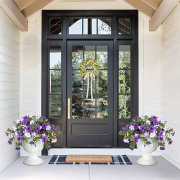 Artificial Fake Flowers Plants for Outdoor Decoration, 2PCS Spring Faux Petunias Silk Flower UV Resistant No Fade Floral for Home Garden Balcony Yard Porch Realistic Indoor Decor (Purple White)