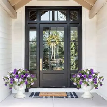 Artificial Fake Flowers Plants for Outdoor Decoration, 2PCS Spring Faux Petunias Silk Flower UV Resistant No Fade Floral for Home Garden Balcony Yard Porch Realistic Indoor Decor (Purple White)