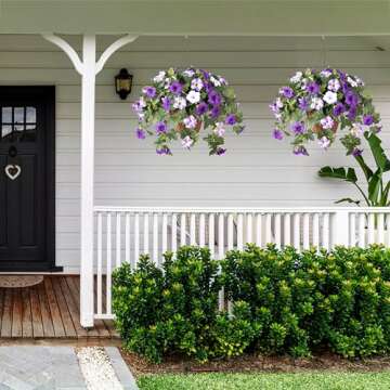 Artificial Fake Flowers Plants for Outdoor Decoration, 2PCS Spring Faux Petunias Silk Flower UV Resistant No Fade Floral for Home Garden Balcony Yard Porch Realistic Indoor Decor (Purple White)