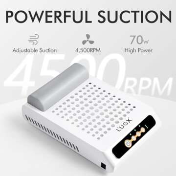 L'UGX Rechargeable Nail Dust Collector with 2 Reusable Filters, Professional 70W Nail Extractor Vacuum Acrylic Nail Dust Cleaner, Perfect for Home Salon Use, Low Noise