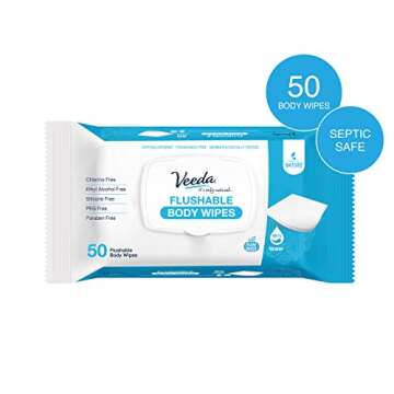 Veeda Natural Flushable Wipes for Adults - 50 Count, Hypoallergenic & pH Balanced Wet Wipes - Unscen...