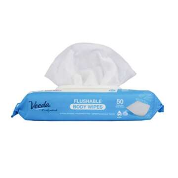 Veeda Natural Flushable Wipes for Adults - 50 Count, Hypoallergenic & pH Balanced Wet Wipes - Unscented Personal Cleansing Body Wipes Safe for Sensitive Skin - Toilet Wipes