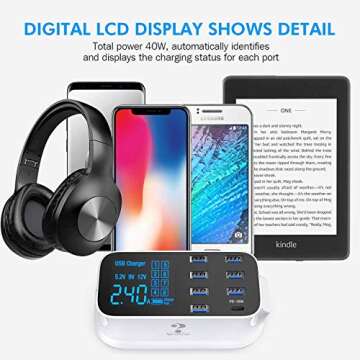 USB C Charging Station, 8 Ports Multiple USB Chargers with Fast Charger Port and LCD Display for iPhone 12 Cell Phones, Tablets and Other Electronics