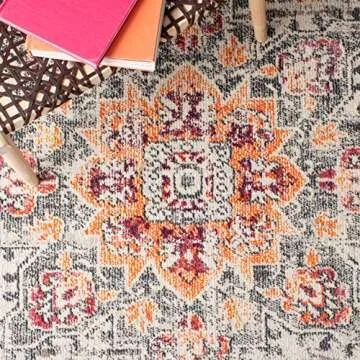 SAFAVIEH Madison Collection Area Rug - 6' x 9', Beige & Orange, Boho Chic Medallion Distressed Design, Non-Shedding & Easy Care, Ideal for High Traffic Areas in Living Room, Bedroom (MAD473E)