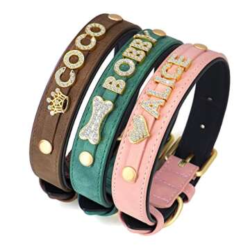 PET ARTIST Personalized Leather Dog Collar with Bling Name Letters,Rhinestones Dog Collar for Small Medium Girl Dog Green Neck Size:11-14.9 Inch