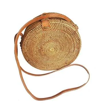 GQZ Handwoven Round Rattan Bag (Plain Weave Leather Closure), Straw Bag