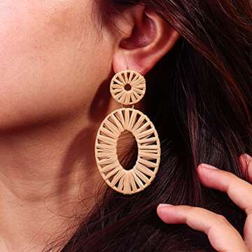 Statement Raffia Earrings Boho Drop Dangle Earrings for Women Handmade Fashion Earring Bohemian Gift...