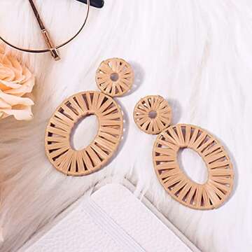 Statement Raffia Earrings Boho Drop Dangle Earrings for Women Handmade Fashion Earring Bohemian Gift Jewelry(Wheat)