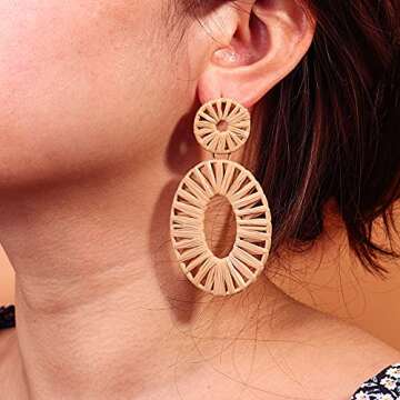 Statement Raffia Earrings Boho Drop Dangle Earrings for Women Handmade Fashion Earring Bohemian Gift Jewelry(Wheat)