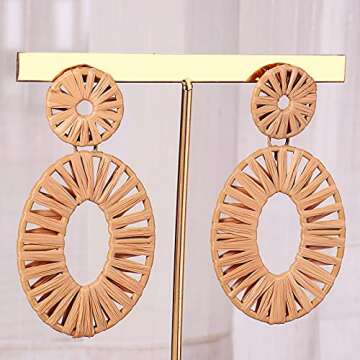 Statement Raffia Earrings Boho Drop Dangle Earrings for Women Handmade Fashion Earring Bohemian Gift Jewelry(Wheat)