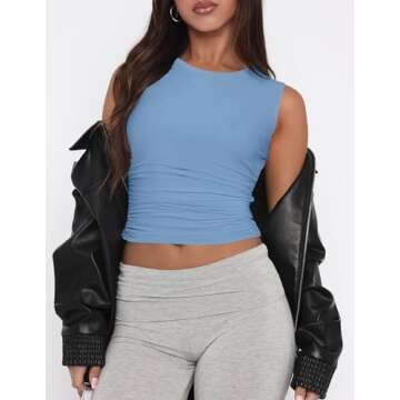 ZESICA Womens Summer Tank Tops 2025 Sleeveless Crewneck Knit Slim Fitted Side Ruched Casual Basic Shirt,Blue,Medium