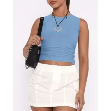 ZESICA Womens Summer Tank Tops 2025 Sleeveless Crewneck Knit Slim Fitted Side Ruched Casual Basic Shirt,Blue,Medium