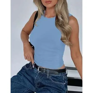 ZESICA Womens Summer Tank Tops 2025 Sleeveless Crewneck Knit Slim Fitted Side Ruched Casual Basic Shirt,Blue,Medium