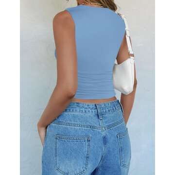 ZESICA Womens Summer Tank Tops 2025 Sleeveless Crewneck Knit Slim Fitted Side Ruched Casual Basic Shirt,Blue,Medium