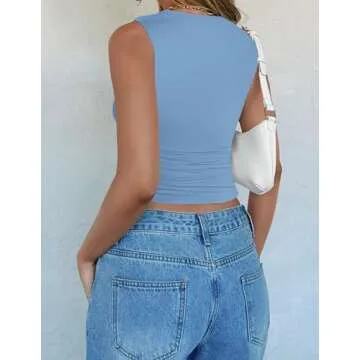 ZESICA Womens Summer Tank Tops 2025 Sleeveless Crewneck Knit Slim Fitted Side Ruched Casual Basic Shirt,Blue,Medium