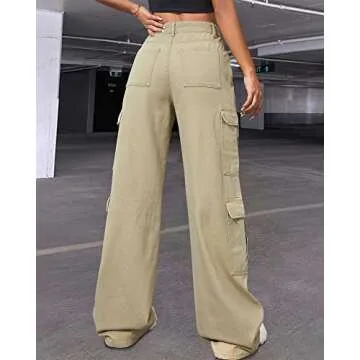 Women's High Waist Cargo Jeans Flap Pocket Baggy Cargo Pants Y2K Wide Leg Denim Jeans Straight Casual Loose Trousers Y2K Streetwear Pants-S Khaki.
