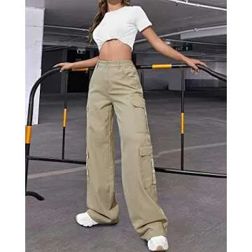 Women's High Waist Cargo Jeans Flap Pocket Baggy Cargo Pants Y2K Wide Leg Denim Jeans Straight Casual Loose Trousers Y2K Streetwear Pants-S Khaki.