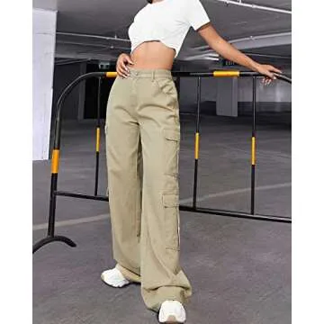 Women's High Waist Cargo Jeans Flap Pocket Baggy Cargo Pants Y2K Wide Leg Denim Jeans Straight Casual Loose Trousers Y2K Streetwear Pants-S Khaki.