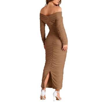 PRETTYGARDEN Women's Fall Off Shoulder Maxi Bodycon Dress Long Sleeve Ruched Fitted Club Dresses with Slit (Light Brown,Small)